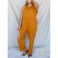 Step Out In This Super Cute Gsw Mustard Cotton Front Button Up Detail Sleeveless Jumpsuit. Features: Mustard, Solid Color, Cotton Material, Front Button-Up Closure, Crew Neckline, Front Pocket Detail, Sleeveless, Two Side Pockets, Wide Leg, Non-Stretchy, Non-Sheer, Unlined, Casual, Simple, Basic, Comfy, Cute. Color: Yellow Mustard Sizes: 1x (14-16), 2x (18-20), 3x (22-24) Style: Sleeveless, Button-Up, Round Neck Occasion: Casual, Spring, Summer, Birthdays, Party, Club, Events, Holidays Length: 5 Mustard Jumpsuit, Fashion Forward Outfits, Comfy Jumpsuits, Boho Jumpsuit, Plus Size Jumpsuit, Sleeveless Jumpsuits, Sheer Fabrics, Pocket Detail, Casual Wardrobe