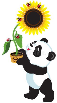 a panda bear holding a sunflower in his hand