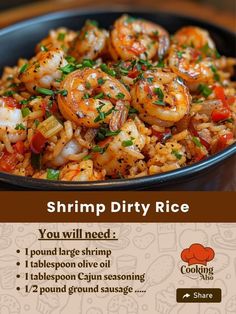 shrimp and rice dish in a bowl with the words shrimp dirty rice written below it