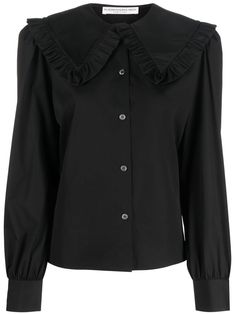 black cotton ruffle collar mother-of-pearl button fastening long sleeves straight hem Ruffle Collar Shirt, Rich Clothes, Alessandra Rich, Rich Women, Ruffle Collar, Black Ruffle, Collar Shirts, Black Cotton, Cotton Shirt