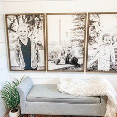 two black and white photos hang on the wall next to a bench in front of a rug