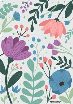 an illustration of colorful flowers and leaves on a white background with blue, pink, green, purple and red colors