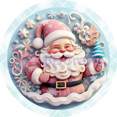 a santa clause holding a blue and white christmas ornament with snowflakes