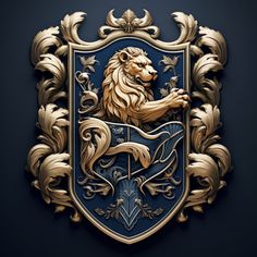 a golden lion on a blue shield with gold leaves around it's edges and an ornate border