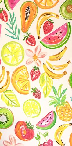 a painting of fruit and vegetables on a white background with oranges, strawberries, lemons, watermelon, kiwi