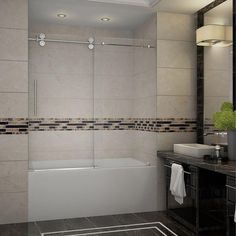 a bathroom with a sink, mirror and bathtub next to a wall mounted shower head