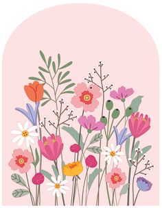 an illustration of colorful flowers on a pink background