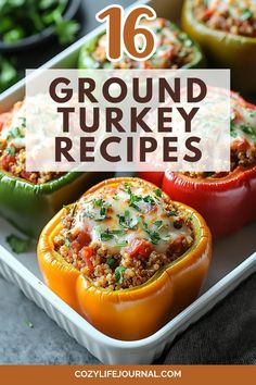 16 ground turkey recipes stuffed in colorful bell peppers. Ground Turkey And Tomato Recipes, Turkey Meatball Dinner Ideas Healthy, Ground Turkey Gluten Free Recipes, Healthy Turkey Dinner Recipes, Italian Ground Turkey Recipes, Recipes With Turkey Meat, Healthy Ground Turkey Recipes For Dinner, Dinner Ideas Ground Turkey, Dinner With Ground Turkey