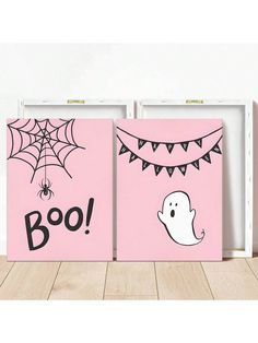 two pink halloween canvases with ghost and boo on them