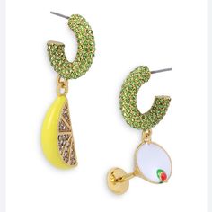 Mismatched Lemon Slice And Martini Dangle Huggie Tube Hoop Earrings Enamel-Embellished Refreshing Treats Dangle From Colorful Crystal-Covered Tube Hoop Earrings For A Vibrant And Youthful Finish To Energize Your Look. 1.5-1.75" Drop Goldtone Plate/Crystal Glass/Resin Brand New Without Tag. Kurt Geiger Jewelry, Tube Hoop Earrings, Lemon Slice, Kurt Geiger, Crystal Glass, Martini, Yellow White, Gold Tones, Lemon