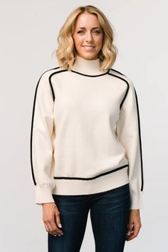 Elevate your casual style with our Harrington Sweater. Soft cream with raised black piping detail, its high, wide ribbed funnel neck adds chic elegance, and the relaxed, tailored fit offers comfort and style, making it versatile for any occasion. Pirate Hair, Baltic Born, Sweater Cream, Fall Fits, Double Breasted Coat, Cup Size, Funnel Neck, Knitting Materials, Funnel