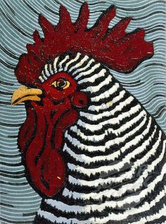 a painting of a rooster with black and white stripes on it's head, against a blue background