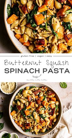 butternut squash spinach pasta in a white bowl