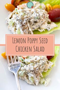 lemon poppy seed chicken salad on lettuce leaves with tomatoes and olives in the background