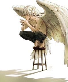 an angel sitting on top of a stool with its wings spread out and his eyes closed