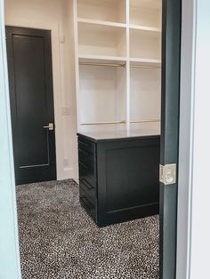 an empty closet with black cabinets and leopard print carpet