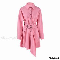 Olivia Mark - Elegant Belted Collared Button Down O-Ring Long Sleeve Tunic Dress with Mini Shirt Effect Long Sleeve Tunic Dress, Casual Night Out, Casual Evening, Half Skirt, Maxi Dress Evening, Tunic Styles, Mini Shirt Dress, Wide Belt, Black Shirt Dress