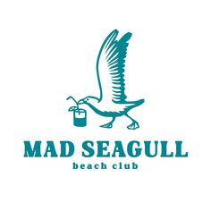 the mad seagull beach club logo is blue and white with an eagle flying over it