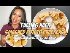 a woman holding a plate with baked potato crackers on it and the words fueling hack