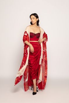 A timeless maroon classic for your wardrobe the Zinnia is a sari inspired draped Skirt.Style yours with the Dahlia, Luella or Amarela Tops. Amit Aggarwal, Embroidered Bustier, Cape For Women, Anamika Khanna, Placement Print, Red Chiffon, Romper And Jacket, Pink Chiffon, Indian Fabric