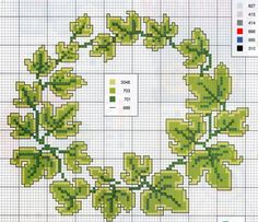 a cross stitch pattern with green leaves in the center and two colors on each side