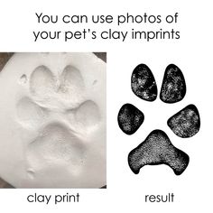 an animal's paw prints are shown in black and white, with the words you can use photos of your pet's clay imprints