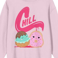 Stay cozy and comfortable with this youth cradle pink Squishmallows crew neck long sleeve sweatshirt. Featuring a delightful image of Dambria and Maya under bold red letters spelling out "Chill," this sweatshirt exudes a calming and relaxed vibe. Made with a blend of polyester and sustainably and fairly grown USA cotton, it offers both softness and eco-consciousness. Machine washable on cold with like colors and tumble dried on low heat, it's easy to care for, allowing you to enjoy its cozy comf Kawaii Winter Sweatshirt With Graphic Print, Kawaii Graphic Print Sweatshirt For Winter, Fun Winter Sweatshirt With Cartoon Print, Winter Fun Sweatshirt With Cartoon Print, Winter Kawaii Sweatshirt With Graphic Print, Playful Long Sleeve Graphic Sweater, Playful Crew Neck Sweater With Cartoon Print, Playful Pink Loungewear Sweater, Kawaii Long Sleeve Sweatshirt For Spring