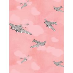 an illustration of airplanes flying in the sky on a pink background with white clouds and hearts