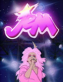 a cartoon character with pink hair standing in front of a sign that says msm