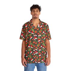 "Looking for a unique and fun way to show your holiday spirit this year? Look no further than our christmas hawaiian shirt! This shirt features tropical designs on a black background, making it perfect for any Christmas celebration. Whether you're spending the holiday in Hawaii or traveling to some other tropical locale, this shirt is sure to bring a little bit of the islands home with you. Plus, with our wide selection of different colors and designs, you're sure to find the perfect shirt for you! Don't wait any longer - order your christmas hawaiian shirt today! Nothing says \"I love summer\" like a Hawaiian shirt. Made to have a boxy fit and a notch lapel collar that are perfect for any laidback scenario, these shirts come with a handy chest pocket and a 95% polyester and 5% spandex fab Hawaiian Short Sleeve Top For Holiday, Hawaiian Holiday Top With Short Sleeves, Hawaiian Style Short Sleeve Top For Holiday, Festive Casual Short Sleeve Shirt, Casual Green Holiday Shirt, Casual Green Shirt For Holiday, Casual Festive Short Sleeve Shirt, Casual Short Sleeve Hawaiian Shirt For Holiday, Holiday Tropical Short Sleeve Top