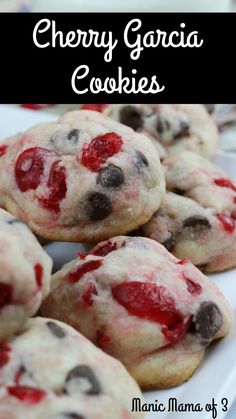 cookies with cherries and chocolate chips are on a white plate next to the words cherry garcia cookies