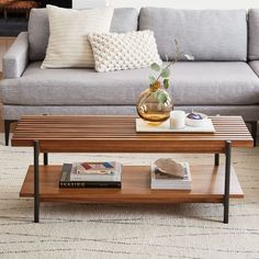 a living room with a gray couch and coffee table