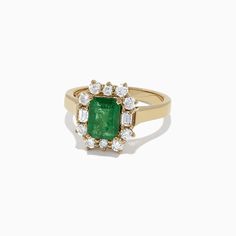 Effy Brasilica 14K Yellow Gold Emerald and Diamond Ring, 2.09 TCW Gia Certified Yellow Gold Cluster Ring, Gia Certified Gold Cluster Jewelry, Heirloom Gia-certified Jewelry For May Birthstone, Heirloom Gia Certified Jewelry For May Birthstone, Classic Green Cluster Ring Stamped 14k, Gia Certified Green Cluster Jewelry, 14k Gold Emerald-cut Jewelry With Halo Setting, Yellow Gold Cluster Ring With Emerald Cut May Birthstone, Classic Cluster Emerald Jewelry