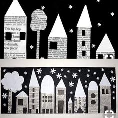 an image of some paper cut outs with buildings and trees on them in black and white