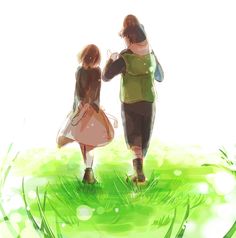 two people are walking in the grass with their backs to each other and holding hands