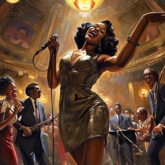 a painting of a woman singing into a microphone in front of a group of people