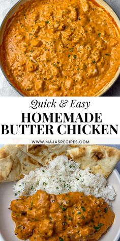 chicken and easy homemade butter chicken in a white bowl with rice