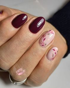 Nails Style Pink And Burgundy Nails, Burgundy And Pink Nails, Burgundy Wedding Nails, Leaf Nail Art Designs, Burgundy Quince, Nails Maroon, Maroon Nail Designs, Maroon Nail, Burgundy Nail Art