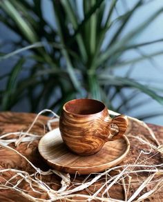 a wooden cup and saucer sitting on top of a wooden plate next to a potted plant