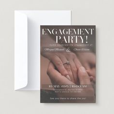 an engagement party card with two hands holding each other