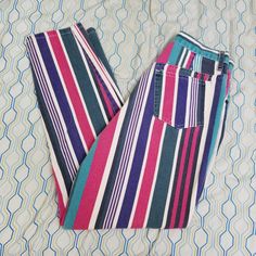 Vintage 80s 90s Pasta Vertical Striped High Rise Mom Jeans High Waisted Guess Color Block Hip Hop Hipster Retro Hippie Multicolor Neon Purple Green Pink Blue Size 9 (See Exact Measurements In Description) Rare Jeans True Vintage From The 80s Made In Usa Amazing Multicolor Vertical Striped Colorway Remind Me Of Something Guess Would Make In That Era Nice Vibrant Colors Really Unique Piece Measurements: -Waist: 26 Inches -Inseam: 28 Inches -Front Rise: 13 Inches 90s Style Multicolor Spring Bottoms, 80s Clothes, 80s Jeans, 80s Outfit, Neon Purple, High Rise Mom Jeans, Vertical Stripes, Vintage Jeans, Purple Green