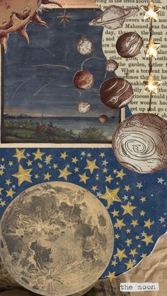 an altered photograph of the moon, stars and other things on display in a collage