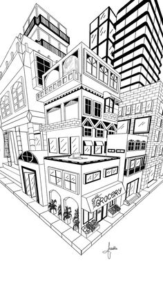 a black and white drawing of a building with lots of balconies on it