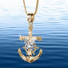 Nautically inspired, this anchor pendant is a perfect choice. Crafted from sterling silver in a two - tone finish. Taking pride of place is the spread eagle nestled on the glistening brilliant round Diamondeau®, the supreme diamond alternative. Surprise them with this sea worthy pendant. Eagle Pendant, Anchor Pendant, Eagle Design, Custom Engraving, Gold Pendant, Muse