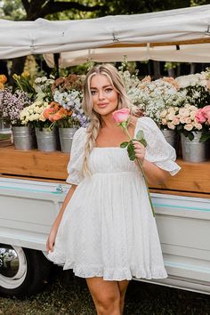 Short White Dress Outfit, White Sundress Outfit, Babydoll Dress Outfit, Easter Dress For Women Church, White Dress Flowy, Shower Dress For Bride, Puff Sleeve Babydoll Dress, Senior Pictures Dresses, Doll Silhouette