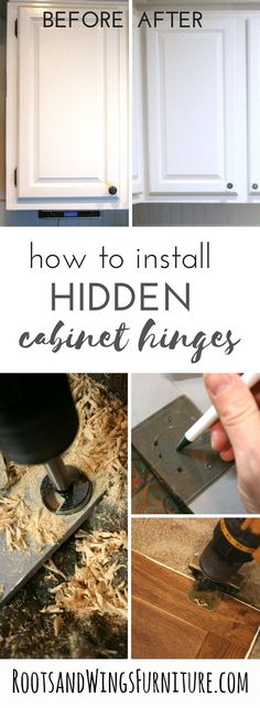 how to install hidden cabinet rings with pictures and text overlaying the words, how to install hidden cabinet rings