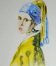 a drawing of a girl with a pearl earring wearing a yellow dress and blue turban