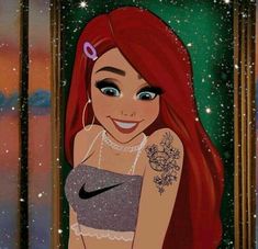 the little mermaid with red hair is smiling at the camera and has tattoos on her arm