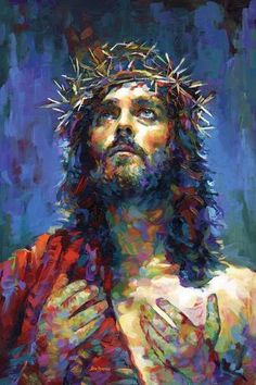 a painting of jesus holding his hands together with the crown on top of his head