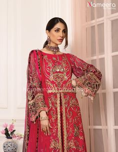 Zara Shahjahan Pakistani Gown Dress in Red Color is a magnificent ensemble and a perfect pick if you are looking for Pakistani Designer Dresses. This Dress has Arabian style that widens its spectrum and imparts a very premium look to the one who styles this Pakistani Gown Dress. Gown: This Pakistani Long Gown in red color comes in premium quality Chiffon fabric. Its body is beautifully handmade. It is adorned with fine embroidery work, Zardosi and iridescent sequins. Golden lace on the body and Pakistani Gown, Wedding Dresses Pakistani, Zara Shahjahan, Pakistani Bridal Dress, Wedding Dresses Indian, Wedding Dress Prices, Wedding Dresses For Kids, Nikkah Dress, Fine Embroidery